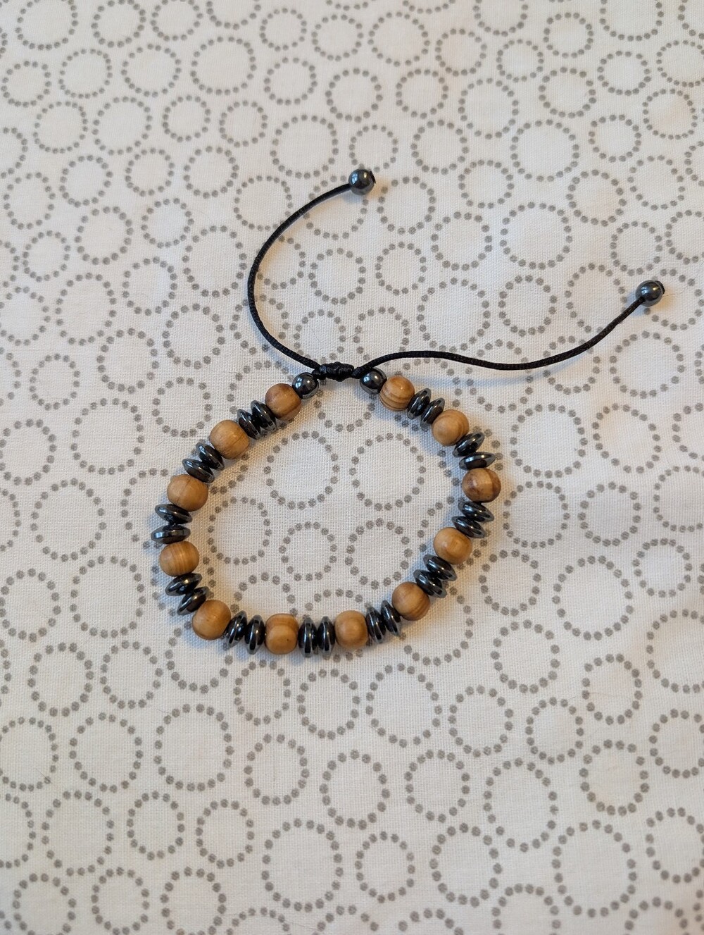 Adjustable Wooden Bead and Hematite Bracelet
